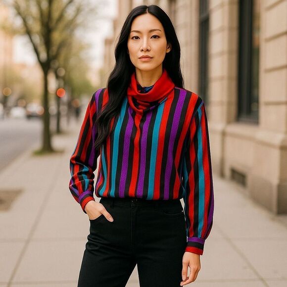 70s/80s John Yang for Jack Mulqueen Striped & Paisley 100% Silk Blouse Mock-neck - Picture 1 of 11